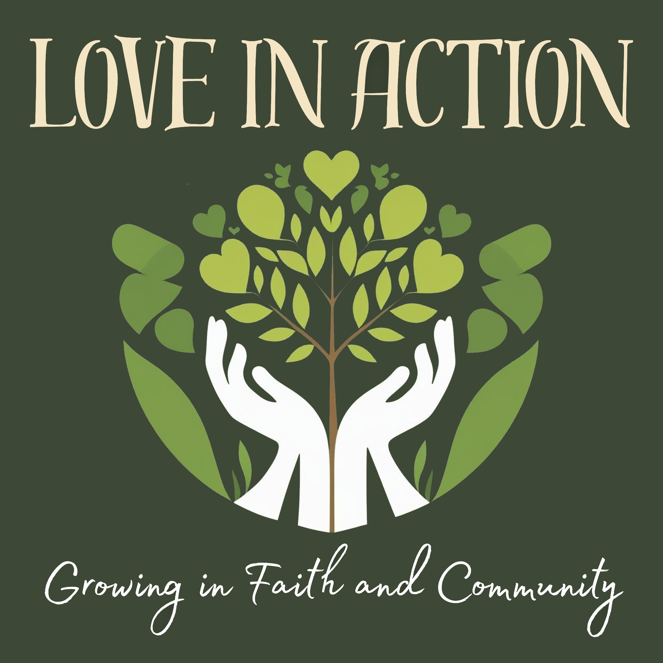 Stylized hands (palms upward, fingers open) lifting a young tree with heart-shaped leaves. 